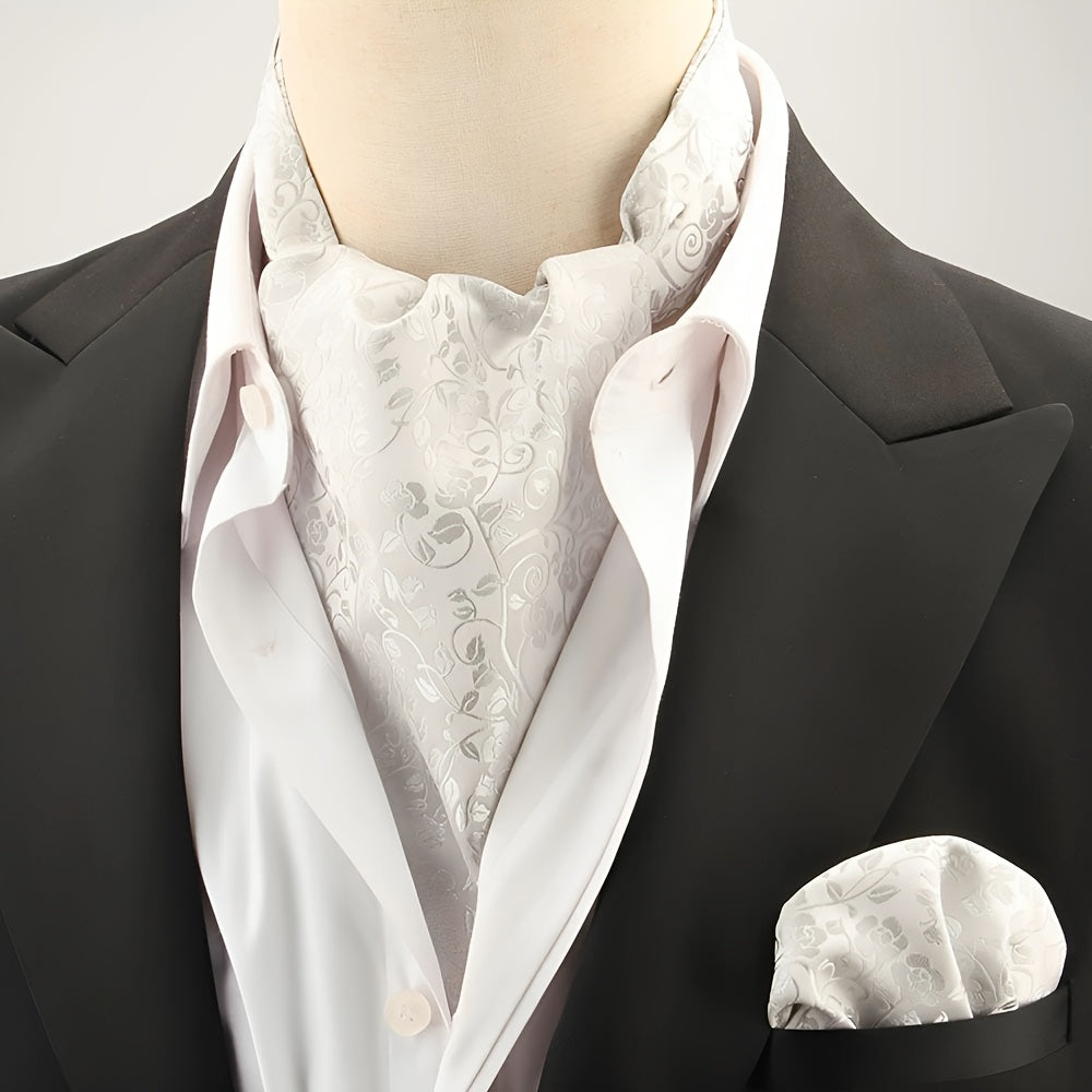 2pcs Ascot Homme – Écharpe et Pochette Style Rétro Britannique pour Mariages et Événements, Motifs Pois/Paisley/Fleur