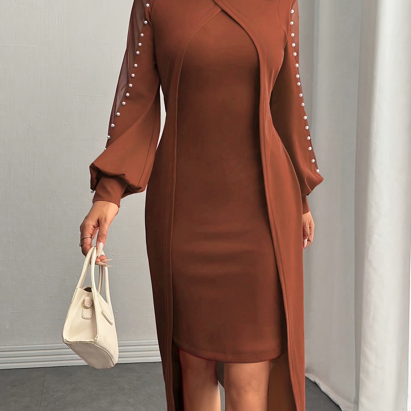 Robe Longue Grande Taille Élégante – Marron/Rouge, Coupe Flatteuse, Idéale Soirées, Bureau et Tenues Automne/Hiver