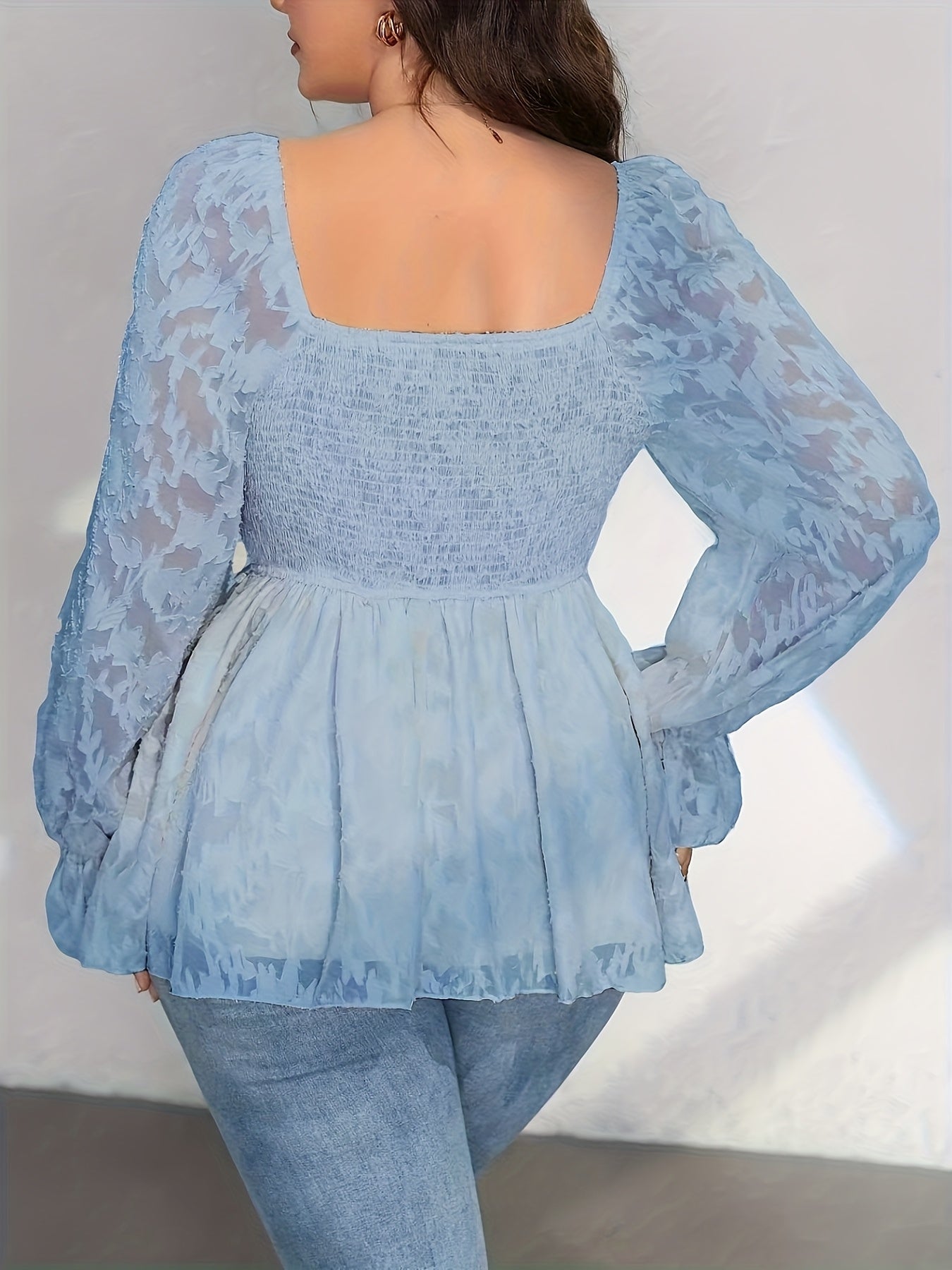 Blouse grande taille élégante pour femmes – Manches longues, col carré, patte de boutonnage, ourlet volanté, dentelle à la taille, tissu non extensible, toutes saisons, casual