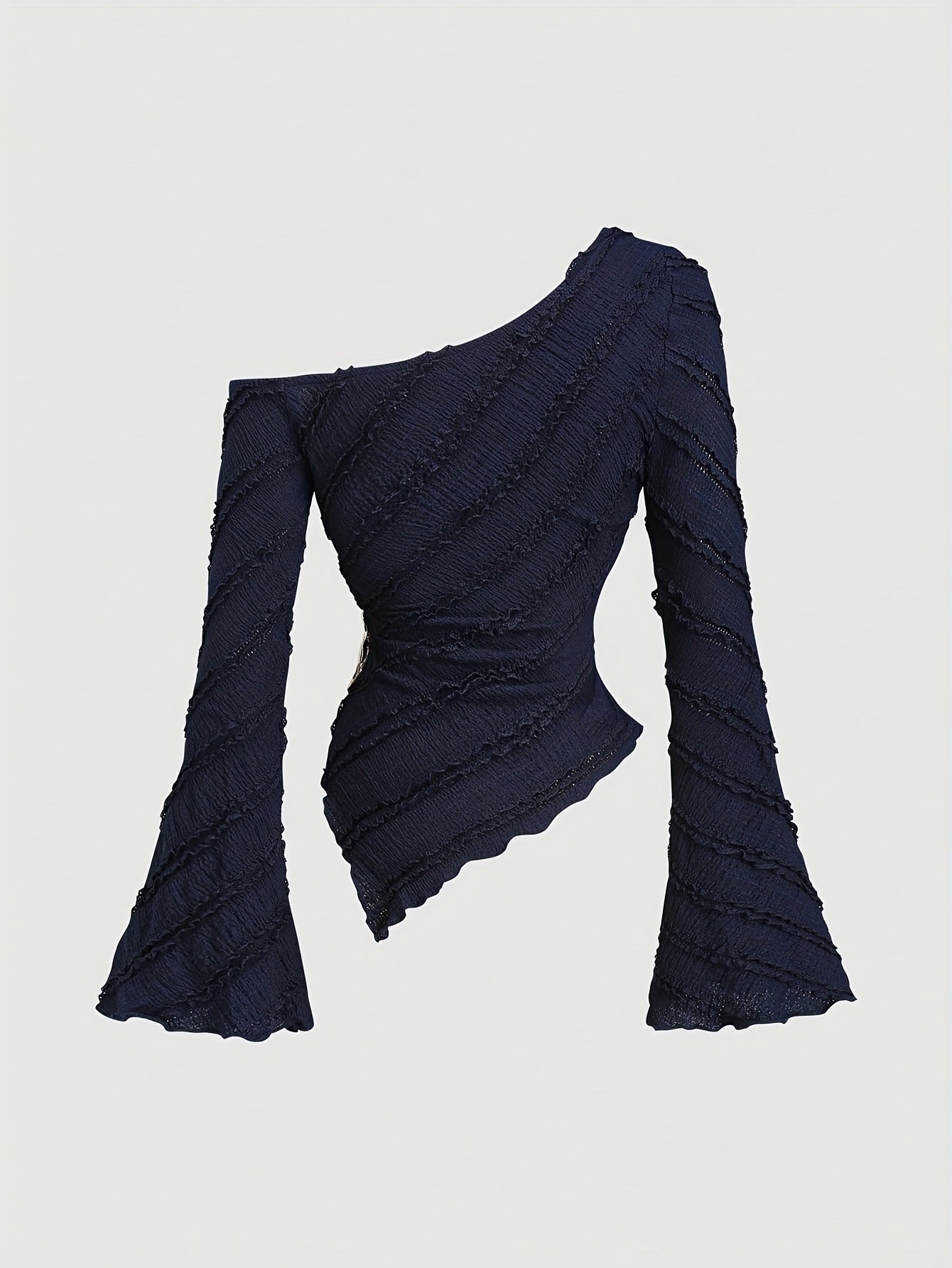 Blouse asymétrique manches cloche pour femmes – col avec boutons métal, semi-transparente, anti-froissement, adaptée toutes saisons, tenue professionnelle décontractée à formelle