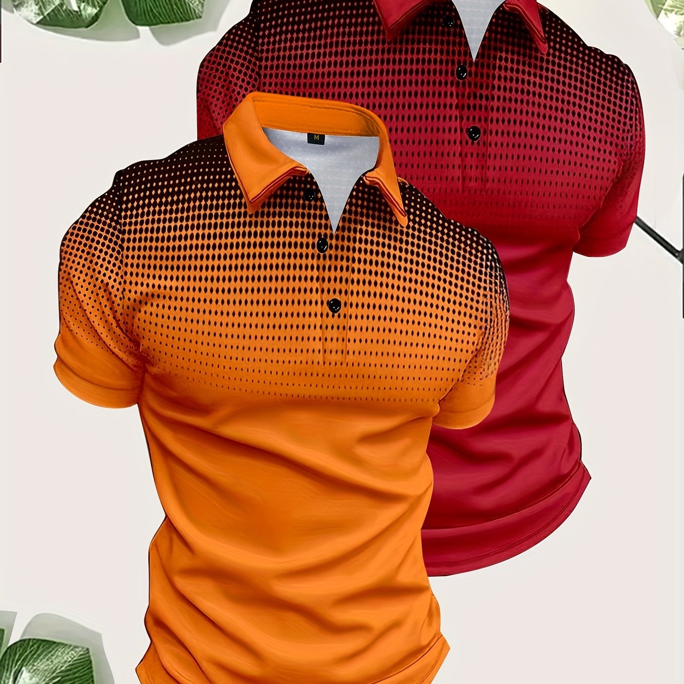 2pcs Men's Gradient Pattern Print Short Sleeve Lapel Golf Shirts, Casual Style Slight Stretch Regular Fit Summer Tops, Summer Golf Shirts