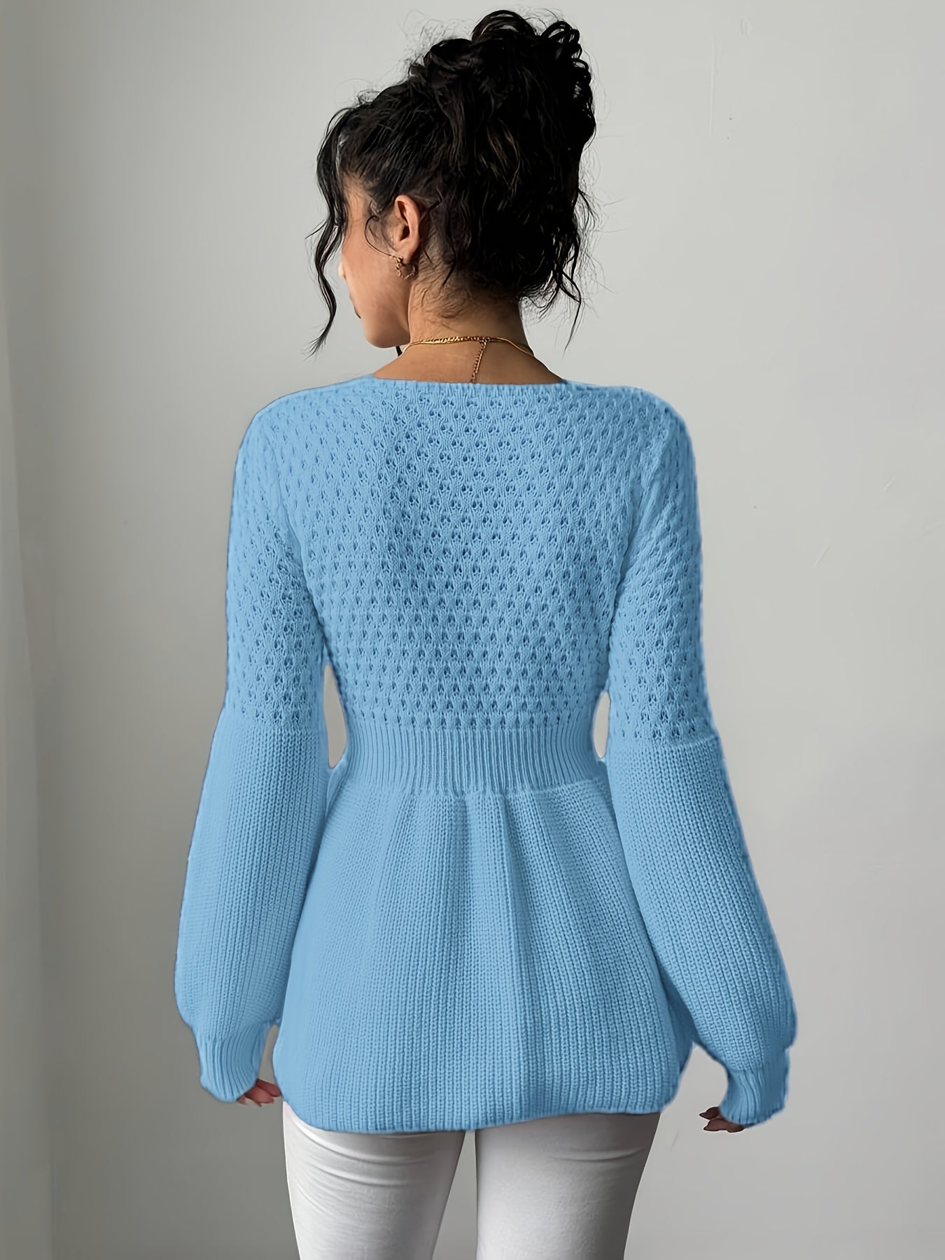 Pull élégant pour femmes – Bleu clair, manches longues, col rond, nœud décoratif, ourlet plissé, tissu stretch doux, automne/hiver, casual et formel