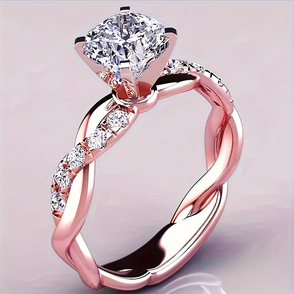 Classic 4-Prong Cubic Synthetic Zirconia Engagement Ring, Twisted Wedding Band with Multiple Synthetic Sparkling Synthetic Zirconia Stones, Women's Marriage and Engagement Jewelry, Suitable for Ladies, Party Gift