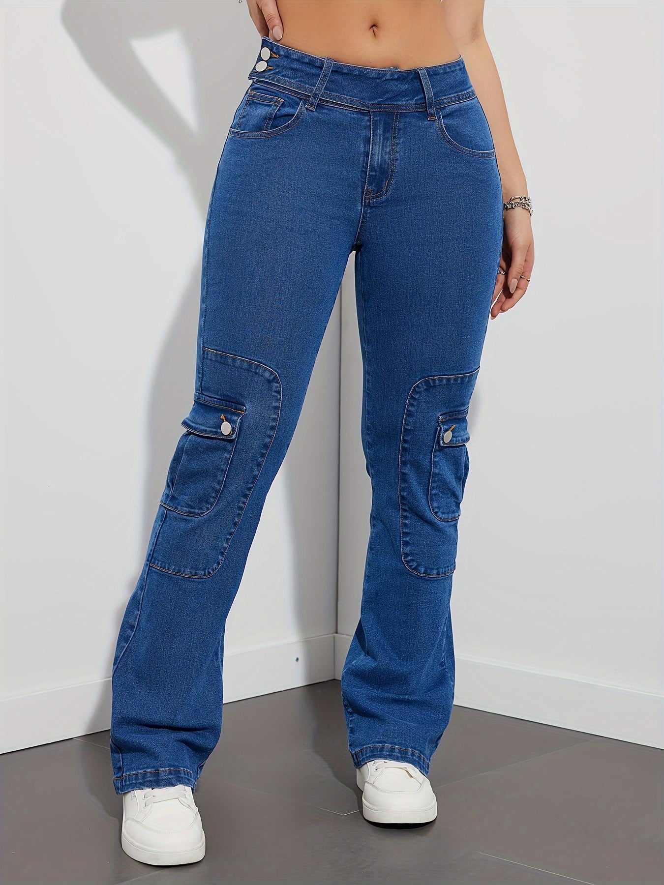 Jeans Femme Taille Mi-Haute Évasé Extensible Poches Rabat Décontracté Bootcut Denim Polyvalent