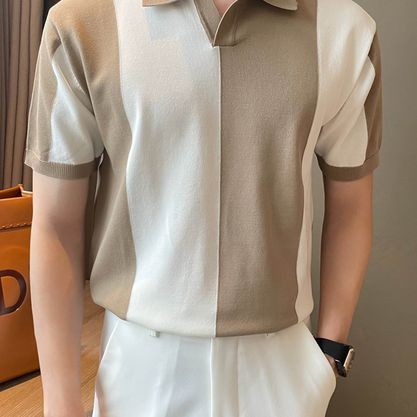 Men'S Casual Short-Sleeve Striped Color-Blocked Knit Polo, a Stylish And Sporty Top Suitable for Summer Golf And Business Attire.