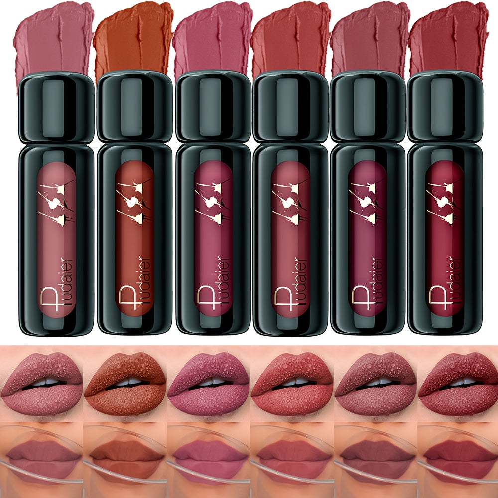 6pcs/set Pudaier Matte Velvet Lip Gloss - Highly Saturated Liquid Lip Mud, Non-Stick Long-Lasting Formula, 6-Shade Mixed Palette with Deep Berry Tones, All Light Beige Tones Compatible.
