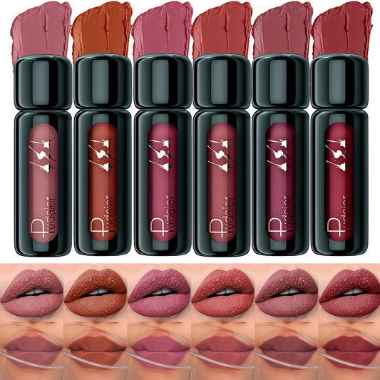 6pcs/set Pudaier Matte Velvet Lip Gloss - Highly Saturated Liquid Lip Mud, Non-Stick Long-Lasting Formula, 6-Shade Mixed Palette with Deep Berry Tones, All Light Beige Tones Compatible.