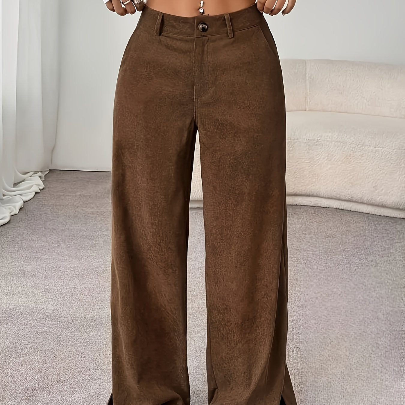 Pantalon Femme Décontracté Jambe Large – Poches Latérales, Tous Saisons, Bureau et Décontracté