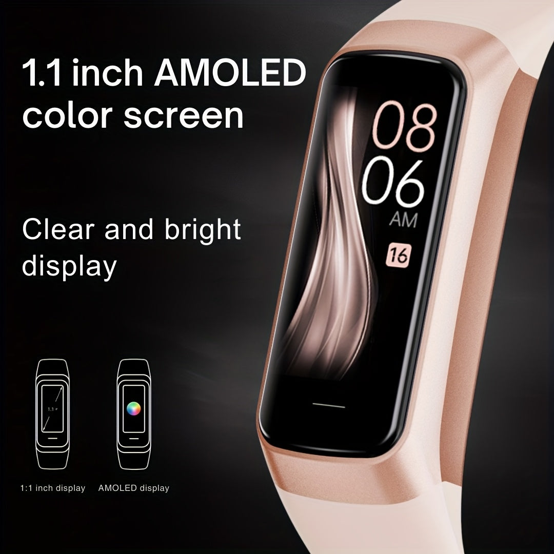 AFFEOKKI Amoled Fitness Smartwatch for Men & Women - Multiple Sports Modes, Pedometer Tracker, Stopwatch, Message Alerts, Calorie Tracker, Daily Activity Logging, for iPhone & Android Phone, Silicone Band, USB Charging, Wirel