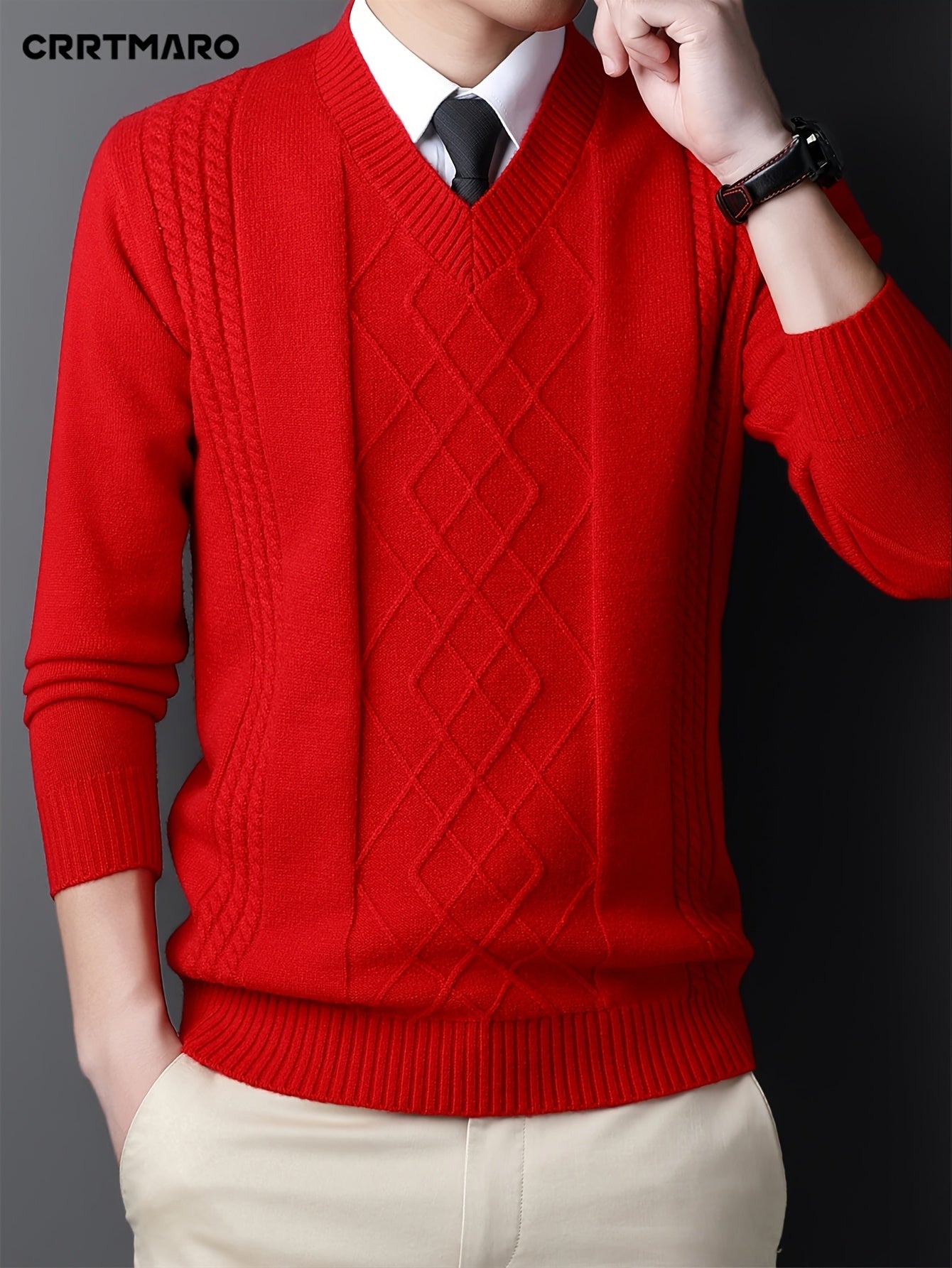 New Men's Knit Sweater with Twisted Floral V-Neck Long Sleeve Casual Top