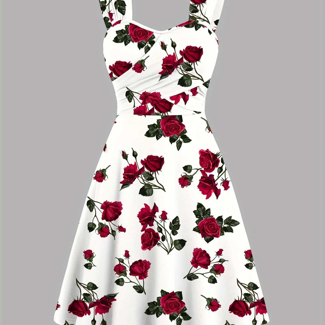 Robe élégante décontractée pour femme, imprimée de roses, plissée sur le devant, à larges bretelles croisées et épaules dénudées