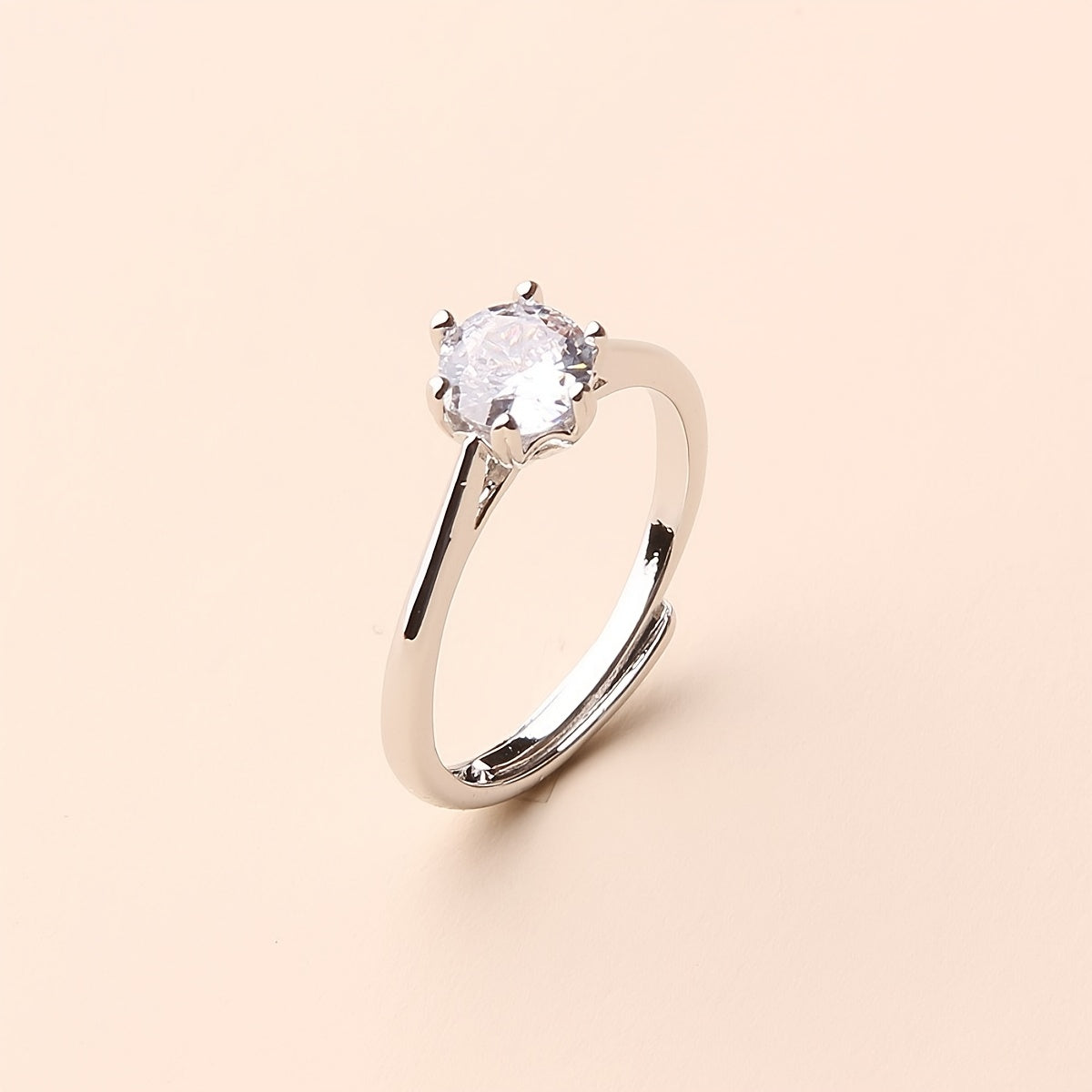 1pc Japanese & Korean Fashion Copper Ring with Six-Prong Setting - Adjustable Unisex Minimalist Design, White Golden Plated Synthetic Zirconia, Perfect for Daily Wear, Parties, Christmas & Halloween Gifts, Party Accessory, Mo