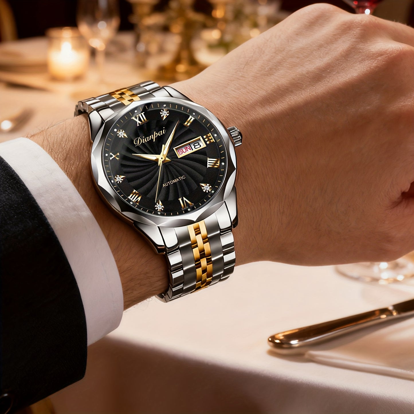 Men'S Business Automatic Mechanical Watch with Stainless Steel Strap, Week Calendar Display & Night Light - Self-Winding Mechanical Movement, Without Battery