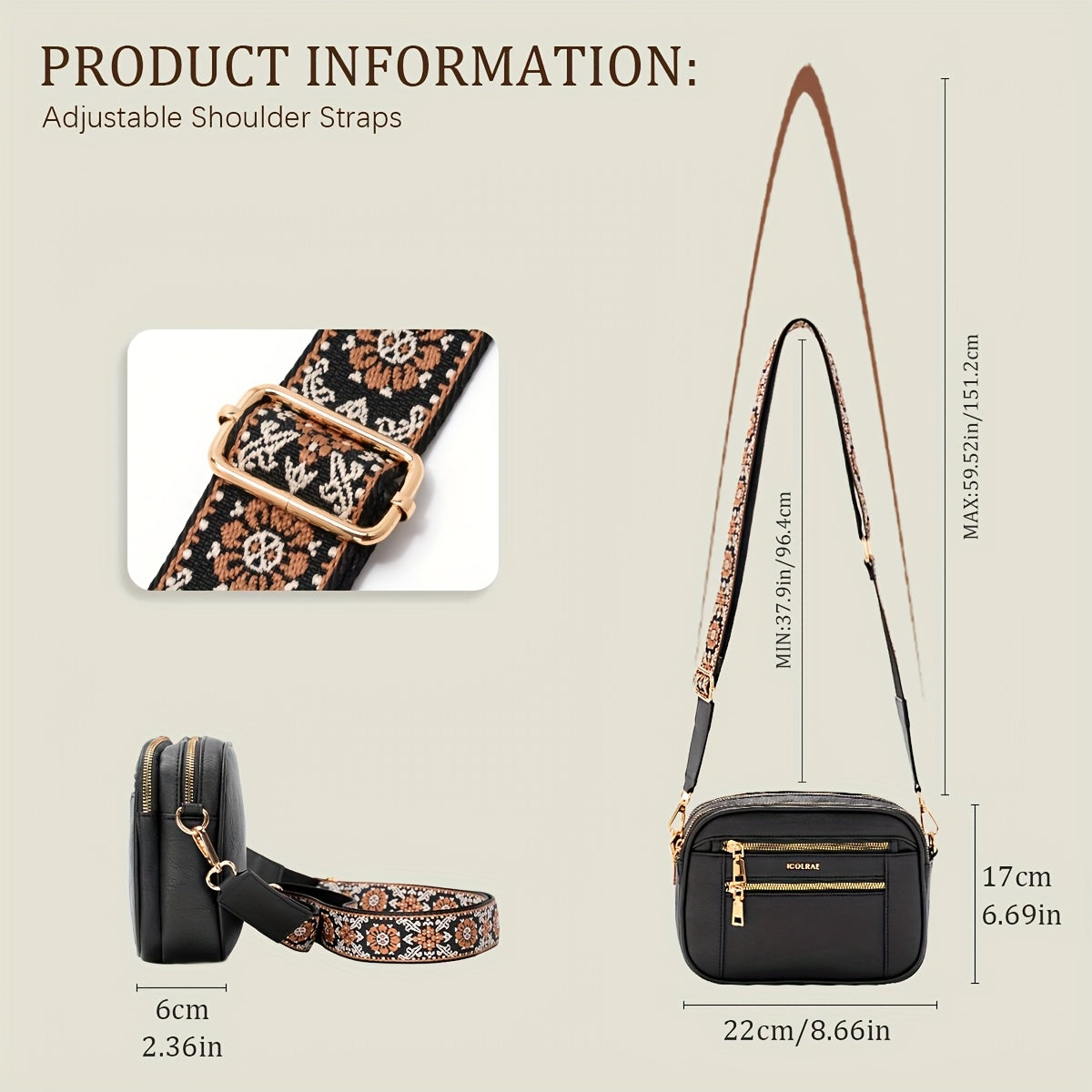 Sac bandoulière en PU grande capacité – plusieurs poches, fermeture zippée, idéal pour trajets et voyage, disponible en noir/blanc