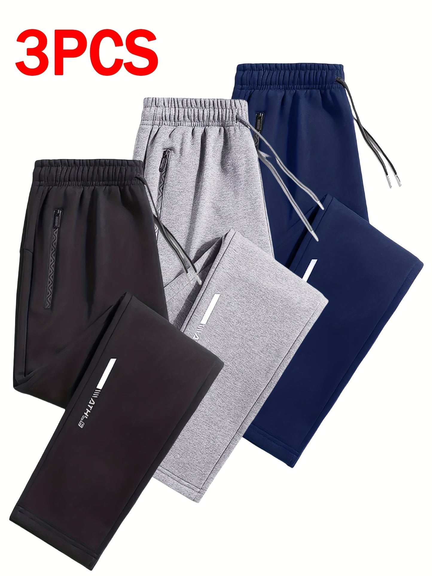 Lot de 3 Joggers Homme – Tissu Maille Douce, Taille à Cordon, Jambe Droite, Poches Zippées, Gris Chiné/Bleu Marine