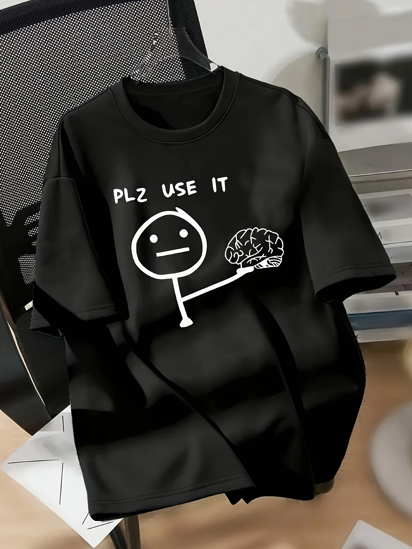 Men'S Funny Graphic T-Shirt - "PLZ USE IT" with Stick Figure & Brain Design - Royal Blue Crew Neck Tee - Lightweight Summer Shirt for Everyday Casual Wear - Funny Conversation Starter Apparel for Men, Humorous Clothing, Playf