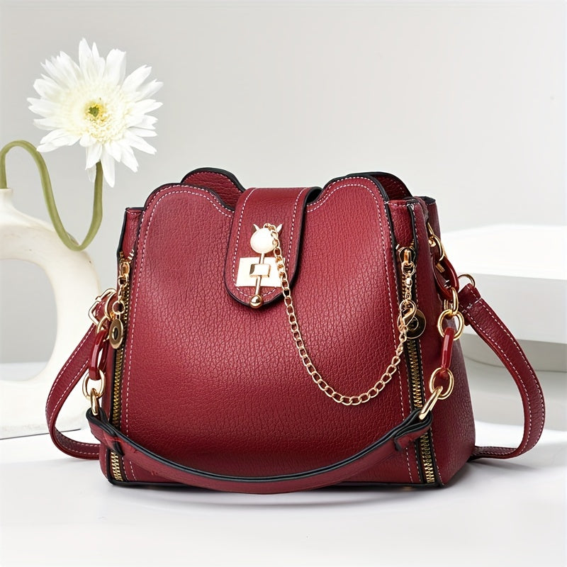 Sac élégant pour femmes – polyvalent, fermeture zippée, doublure polyester, breloque décorative, accessoires dorés, sac quotidien