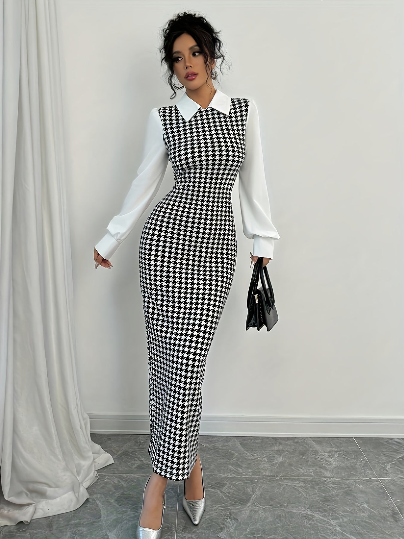 Women's Elegant Houndstooth Maxi Dress with Collar & Piping - Slim-Fit Long Dress, Sleeve, Machine Washable Fabric for Weddings, Parties, Fall Winter Events - Year-Round Wear for short or tall (Matching outfits available)