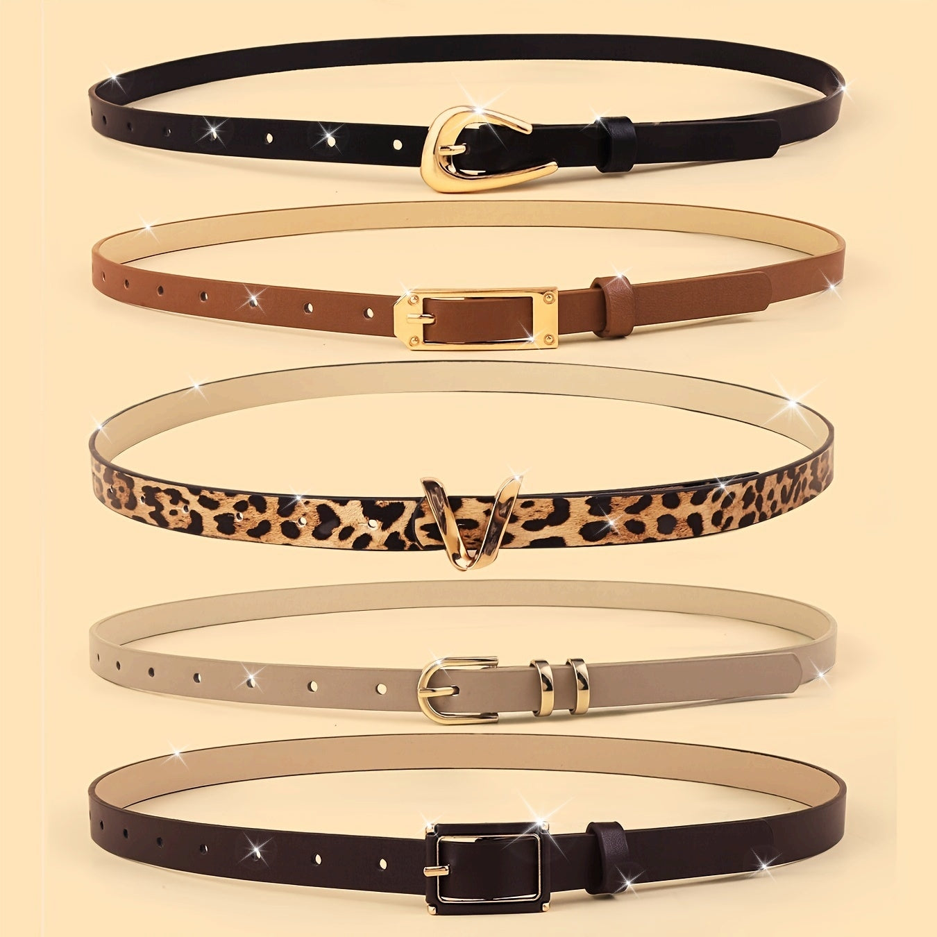 Lot de 5 ceintures en similicuir pour femme avec boucles dorées - Imprimé léopard bohème et texturé