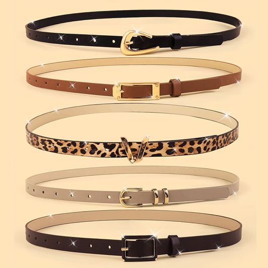 Lot de 5 ceintures en similicuir pour femme avec boucles dorées - Imprimé léopard bohème et texturé