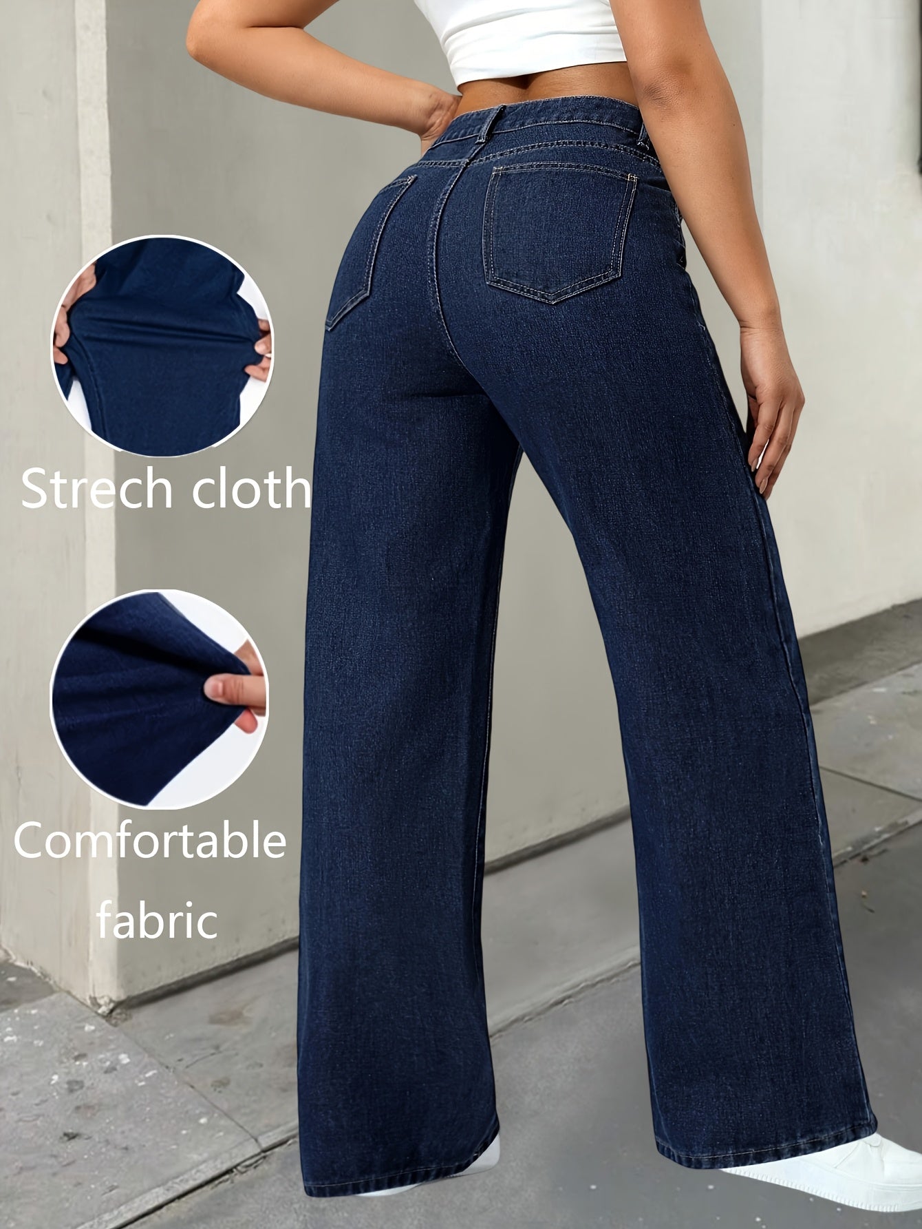 Pantalon Femme Taille Haute en Denim Extensible – Jambe Large, Tissu Confortable, Fermeture Boutons, Coupe Ample, Jeans Polyvalents Toutes Saisons, Idéal Tenue Décontractée, Taille Haute
