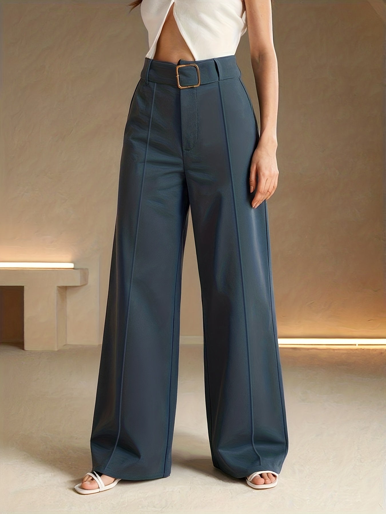 Pantalon Femme Taille Haute – Jambe Large Bleu Foncé, Ceinturé, Poches, Bureau et Décontracté, Tous Saisons