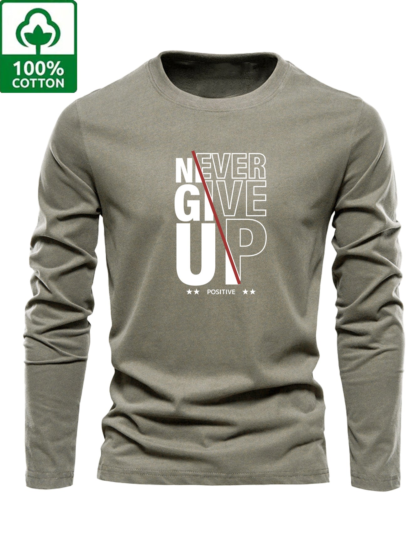 Men's 100% Cotton Oversized Long Sleeve T-Shirt with Never Give Up Slogan & Text - Motivational Lettering Print Casual Round Neck Top for Spring/Fall, Casual Attire (Grey) - 100% Cotton Fit
