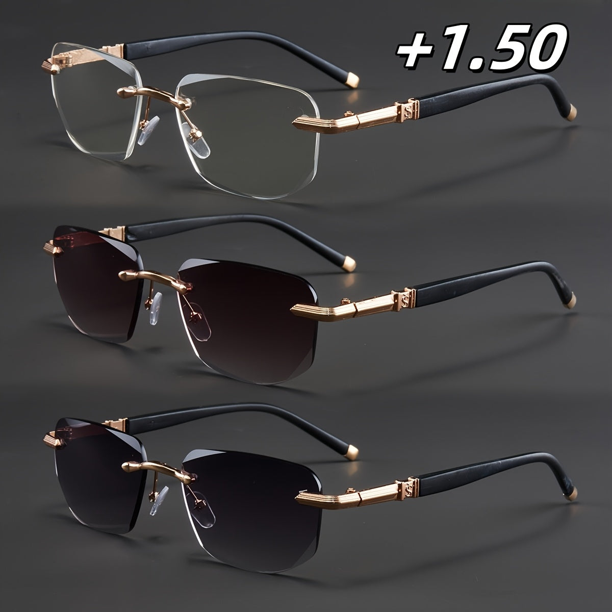 3-Pack, Stylish Men's Frameless Reading Glasses, Elegant Metal Frame, Options: 100, 150, 200, 250, 300, 350, 400 Degrees,christmas Gifts