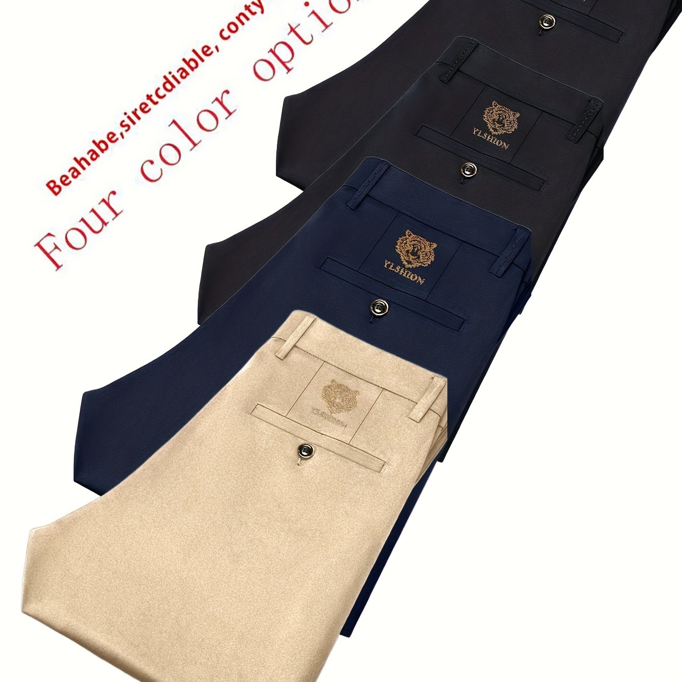 4pcs Pantalons Homme Business Léger – Jambe Droite, Tout Saison, Anti-Rides, Blanc/Noir/Gris/Bleu Marine