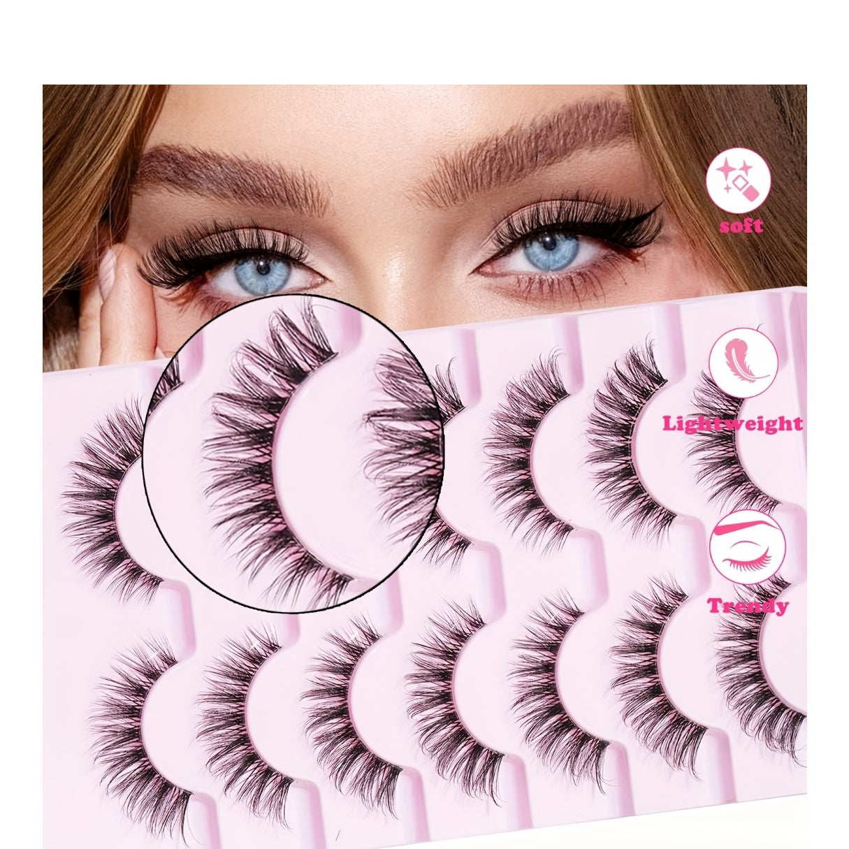 7 Paires de Cils Postiches Naturels – Style Croisé Queue de Poisson, D Curl, Base Transparente, Effet Naturel