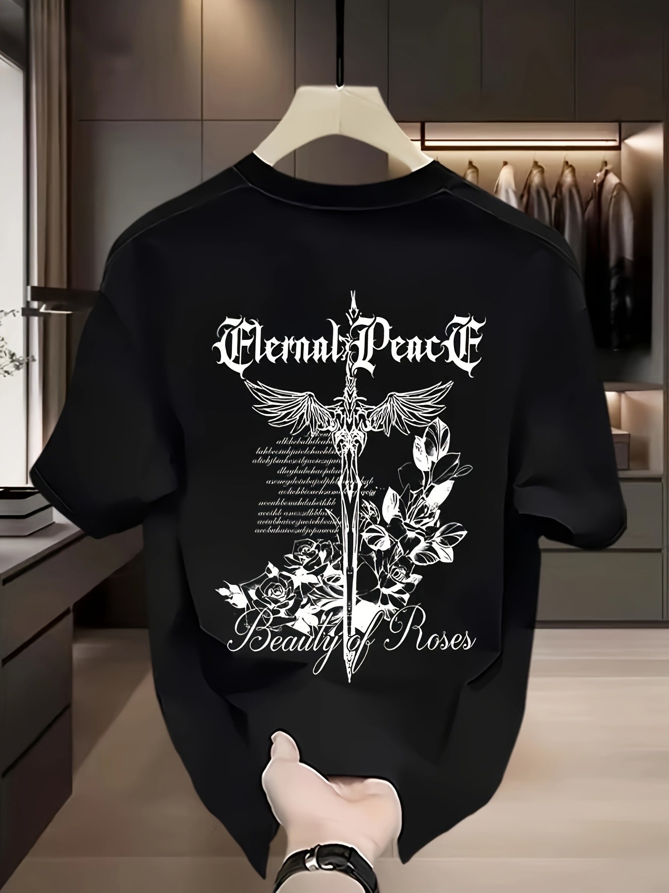 Men's Heavyweight 100% Cotton Graphic T-Shirt - Gothic "Eternal Peace" & "Beauty of Roses" Print, Black Regular Fit Short Sleeve Summer Casual Top, Plus Size Breathable Tee for Casual Attire, Floral Wolf Design, Soft Texture