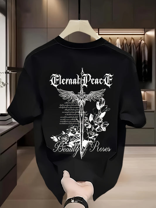 Men's Heavyweight 100% Cotton Graphic T-Shirt - Gothic "Eternal Peace" & "Beauty of Roses" Print, Black Regular Fit Short Sleeve Summer Casual Top, Plus Size Breathable Tee for Casual Attire, Floral Wolf Design, Soft Texture