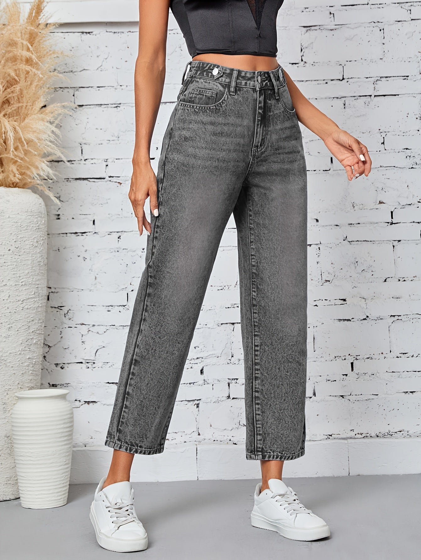 Jeans Femme Jambe Droite Décontracté Extensible Taille Mi-Haute Boutons Bleu Clair Effet Usé Toute Saison Confortable