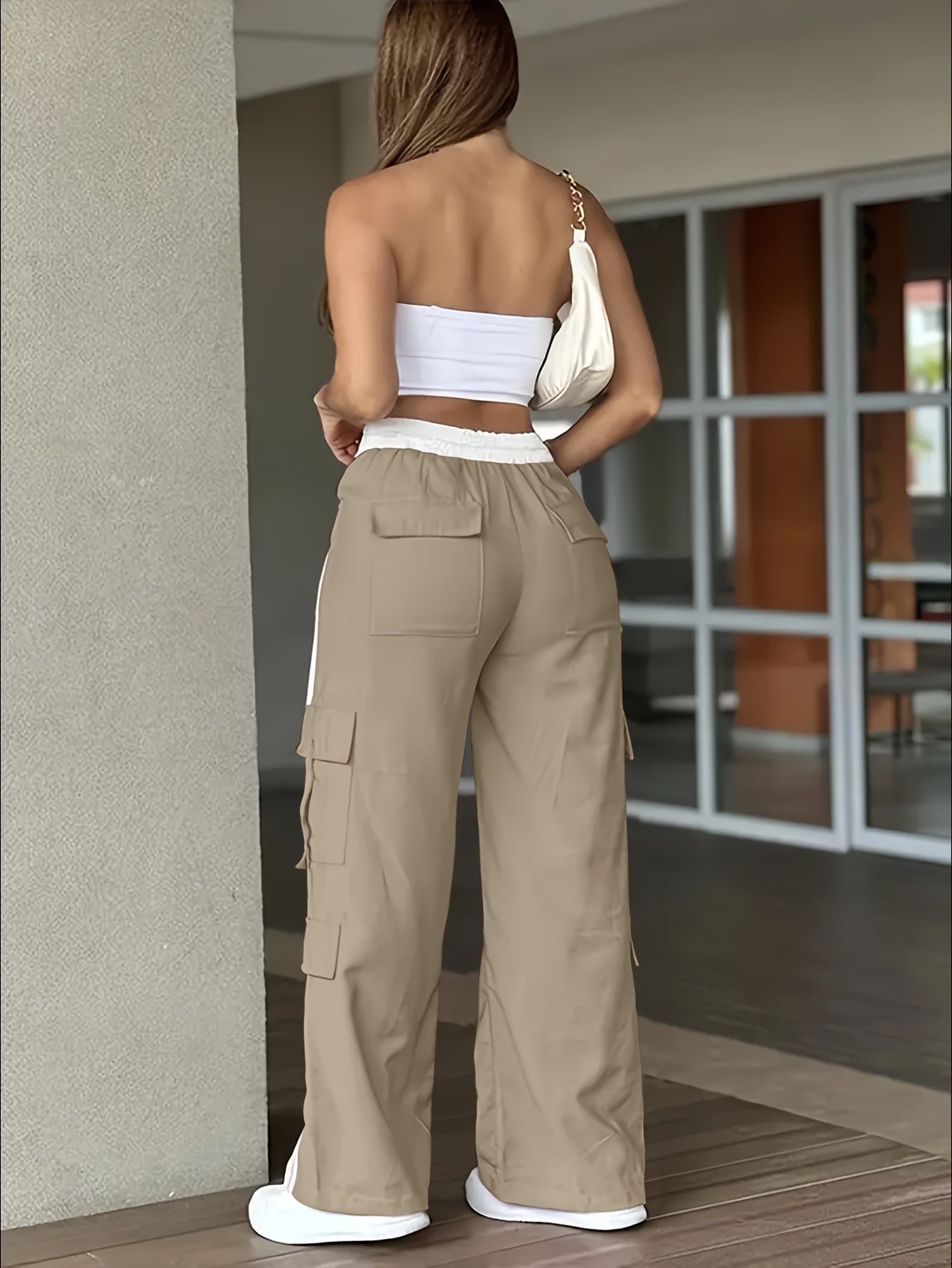 Pantalon Cargo Femme Robuste – Bandes Blanches et Grandes Poches, Tous Saisons, Sans Ceinture