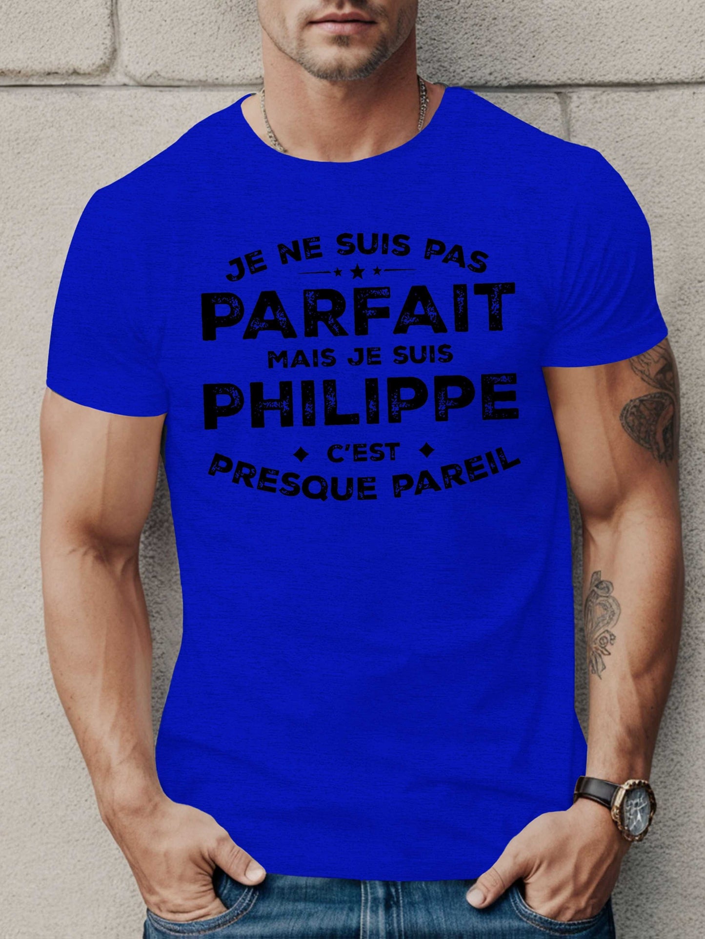 Men'S Casual French Quote T-Shirt - "Je Ne Suis Pas Parfait Mais Je Suis Philippe" with Star Design, Black Short Sleeve Tee for Summer, Comfortable Fit, Everyday Tshirt | Humorous Statement Shirt | Stretchable Fabric