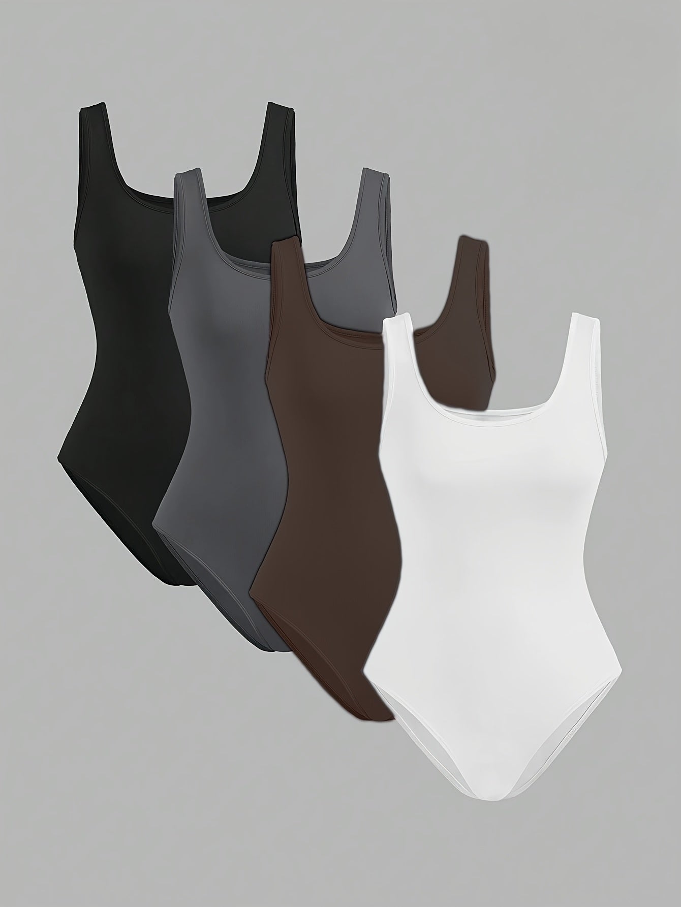 Lot de 4 bodys unis pour femme, style débardeur sans manches. Design simple et décontracté, parfait pour le printemps et l’été