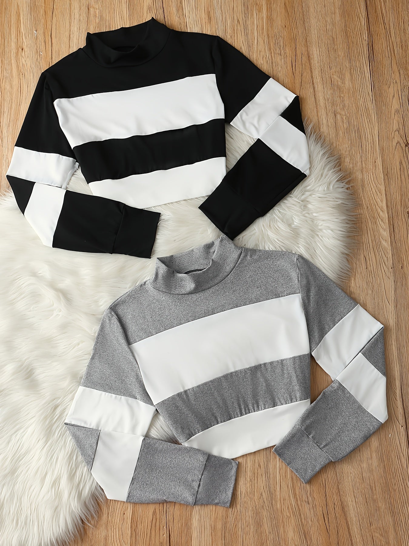 Set Femme 2 Pièces T-Shirt Long Bloc Couleurs et Crop Top Col Montant
