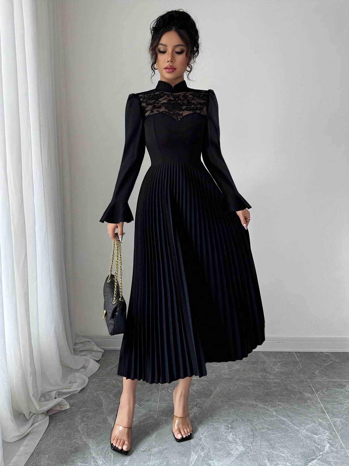 Robe Longue Élégante Femme – Silhouette A-Ligne, Col Montant, Coupe Flatteuse, Idéale Automne/Hiver, Bureau, Soirées et Mariages, Style Sophistiqué et Raffiné