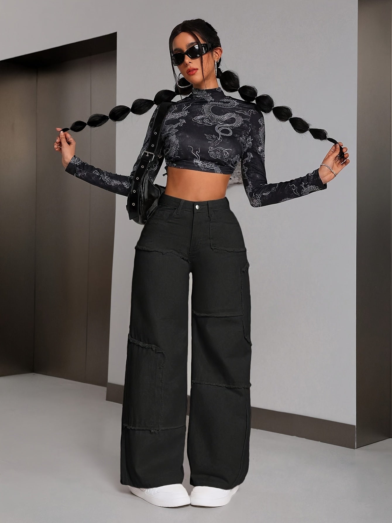 Pantalon Femme Taille Mi-Haute Denim Extensible Jambe Large Effet Déchiré Asymétrique Détail Franges Genou Confort Toute Saison Décontracté Streetwear