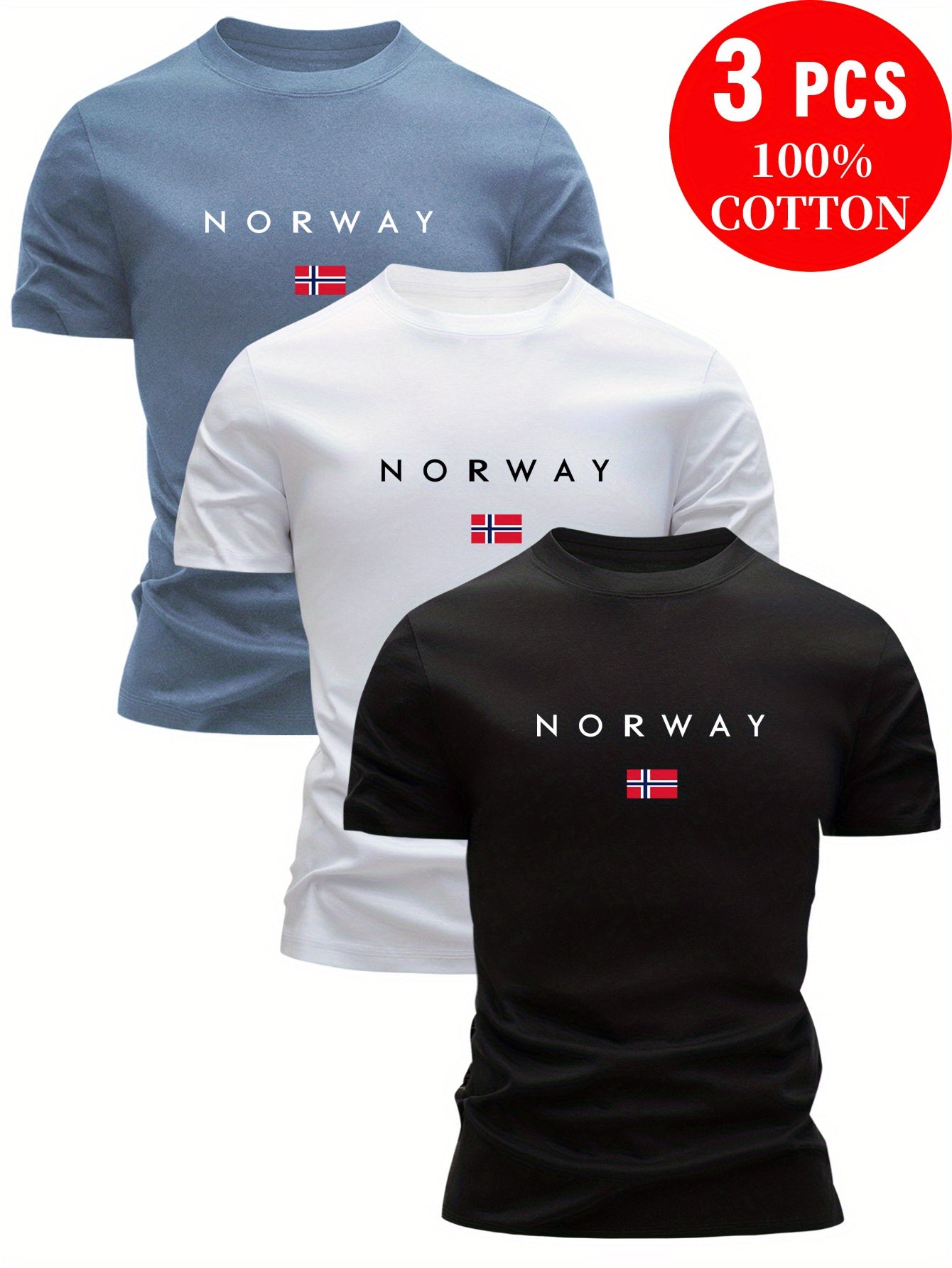 3pcs Men'S 100% Cotton T-Shirts - Breathable & Sweat-Wicking, Slim Fit Crew Neck Tops with "NORWAY" Graphic Print, Lightweight Summer Casual Tees in Light Blue, White, & Black, Cotton T Shirts, Sweat-Resistant