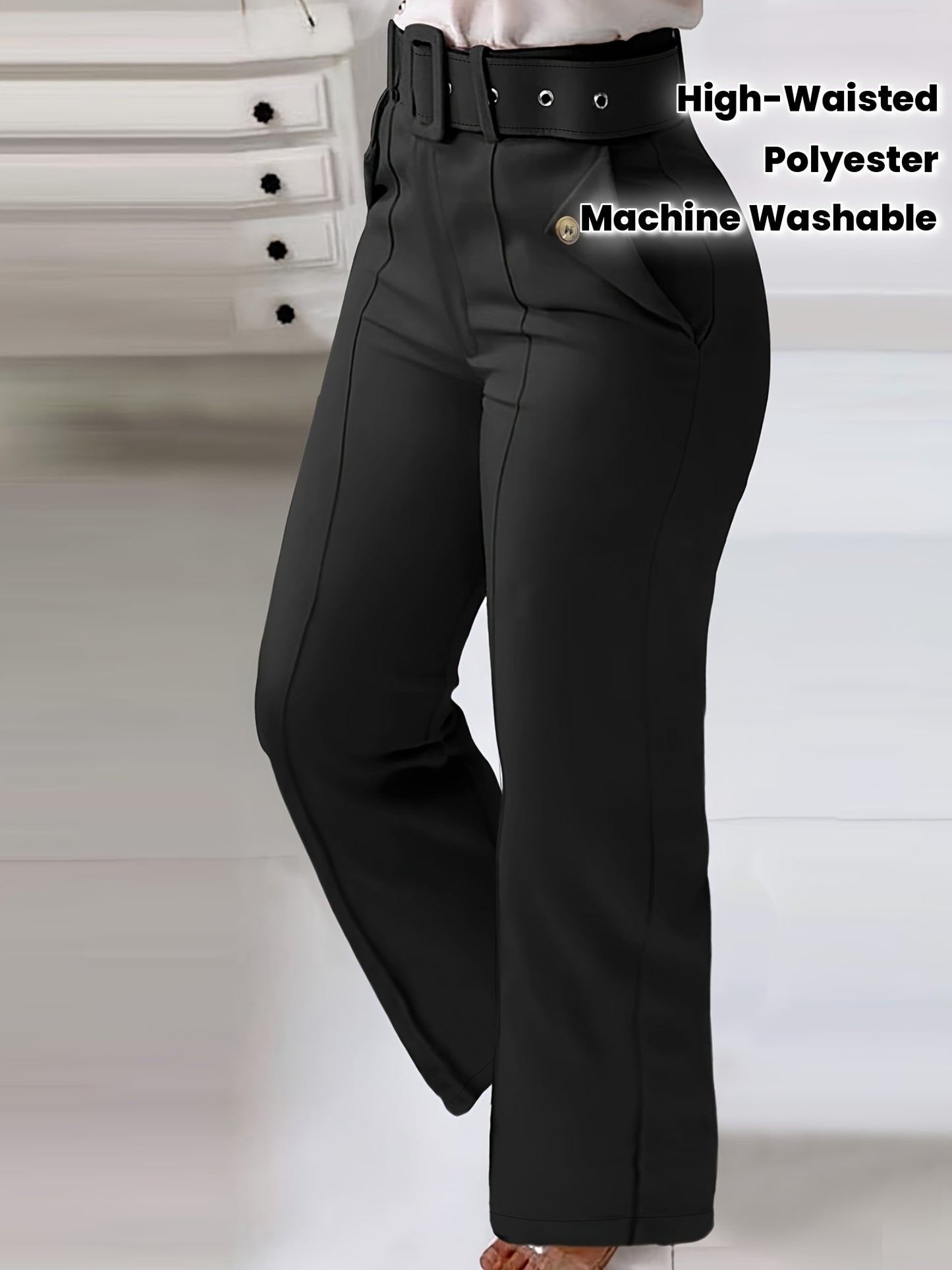 Pantalon Femme Taille Haute Jambe Large – Noir, Ceinture et Poches Obliques, Confortable et Décontracté