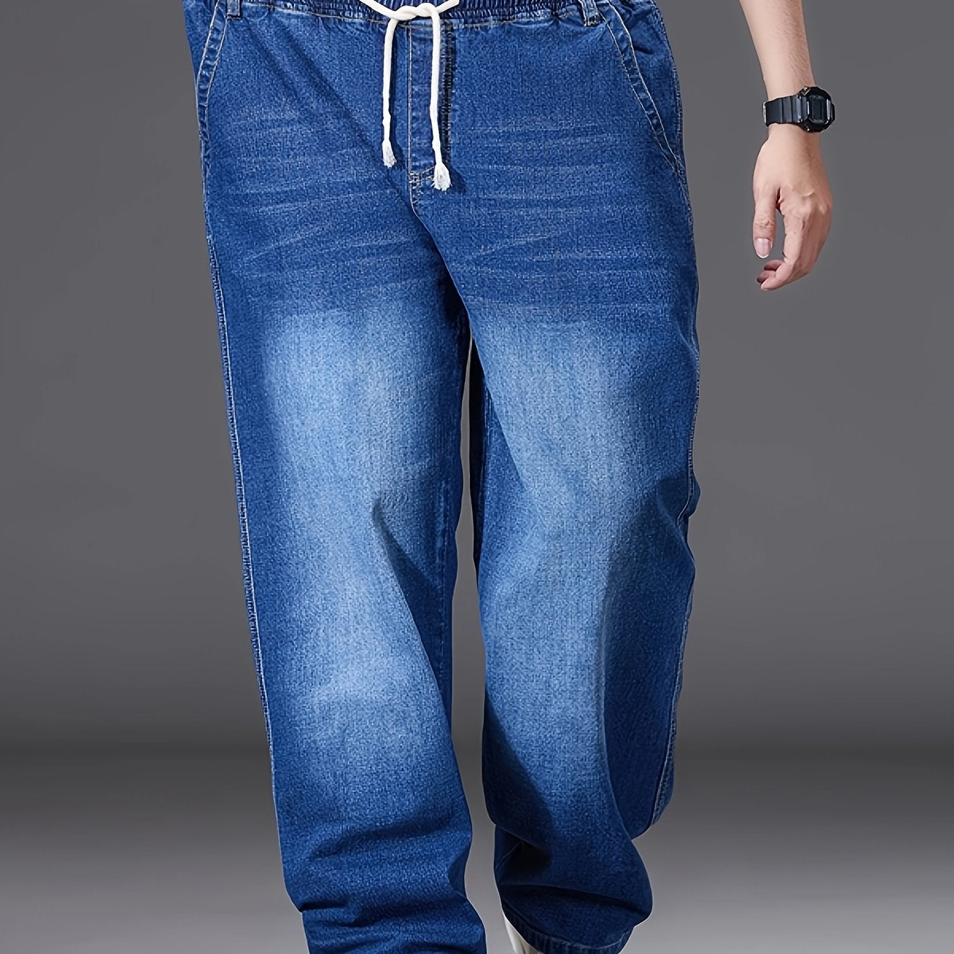 Jeans grande taille pour homme – bleu clair, coupe droite ample, taille élastique, style décontracté, confortable et stylé