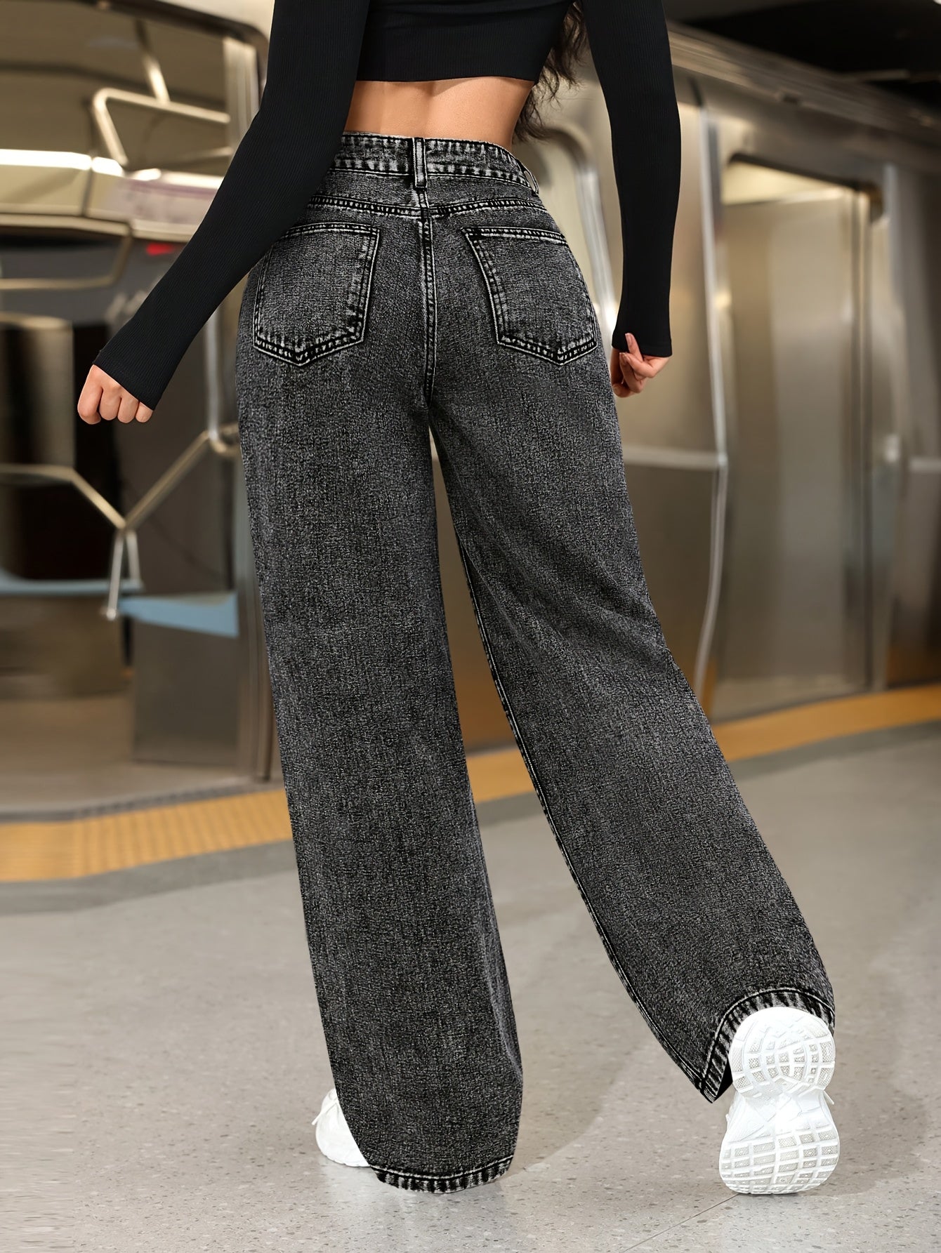 Jeans Femme Noir Jambe Large Droite Boutons Non Extensible Confortable Toute Saison Décontracté