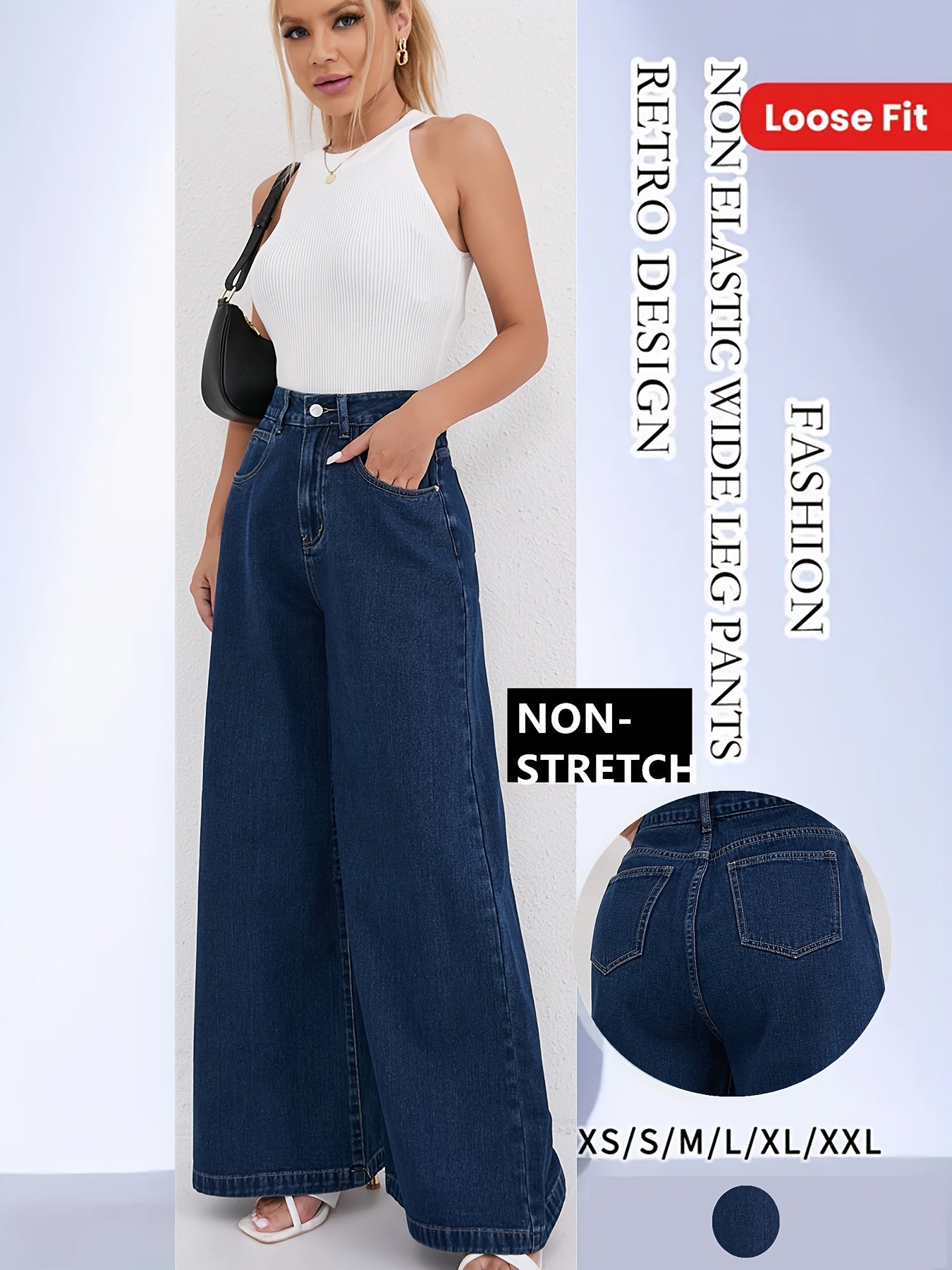 Jeans Femme Vintage Jambe Large Droite Non Extensible Taille Mi-Haute Toute Saison Décontracté et Formel