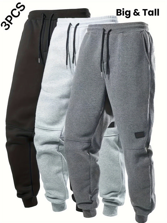 Sweatpants pour homme grande taille (3 pièces) – côtelés, couleur unie, taille à cordon, légers et confortables avec poches, coupe régulière, polyester