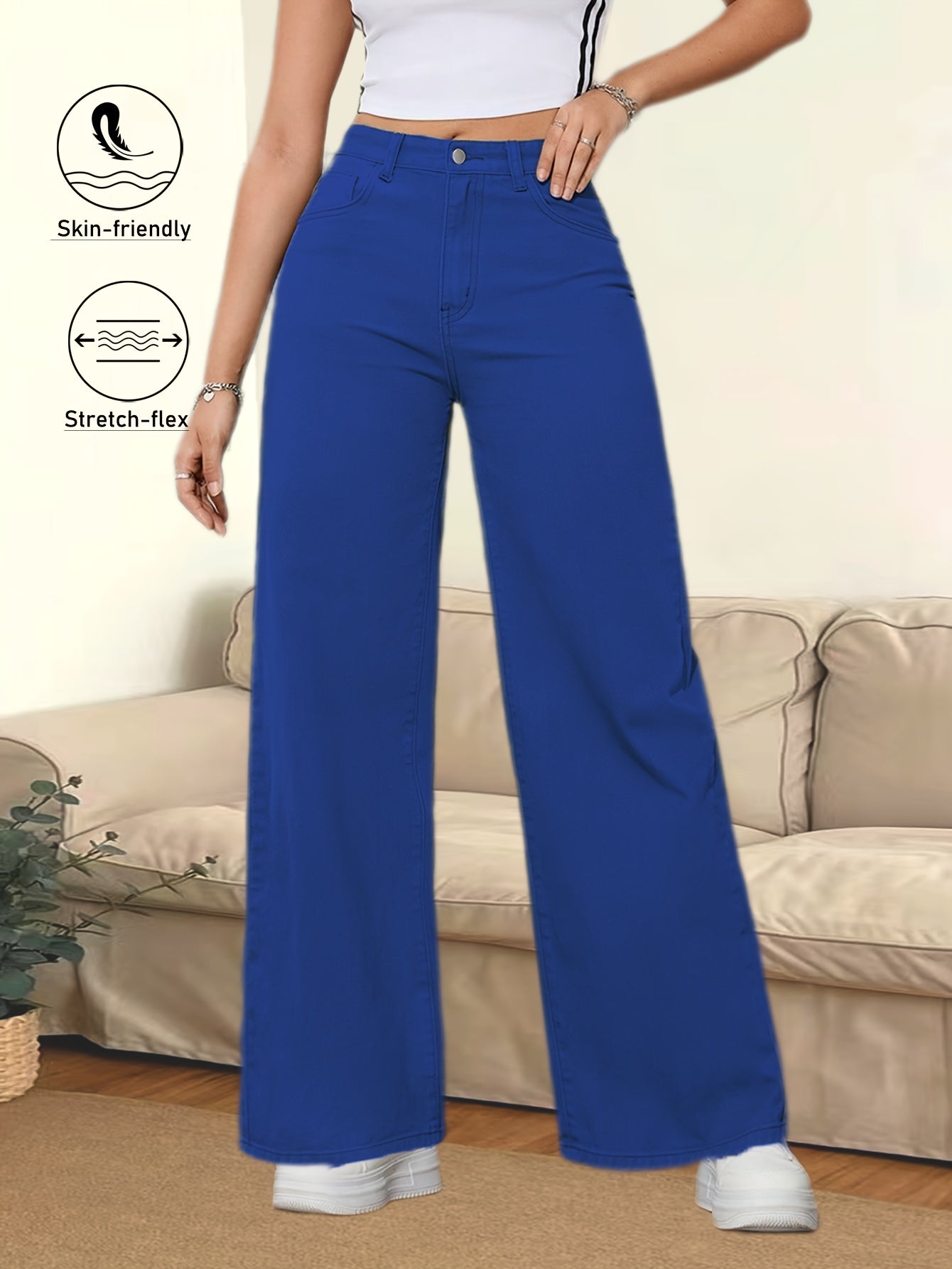 Jeans Femme Marron Café Jambe Large Poches Multiples Boutons Taille Mi-Haute Extensible Toute Saison Polyvalent Confortable Élégant