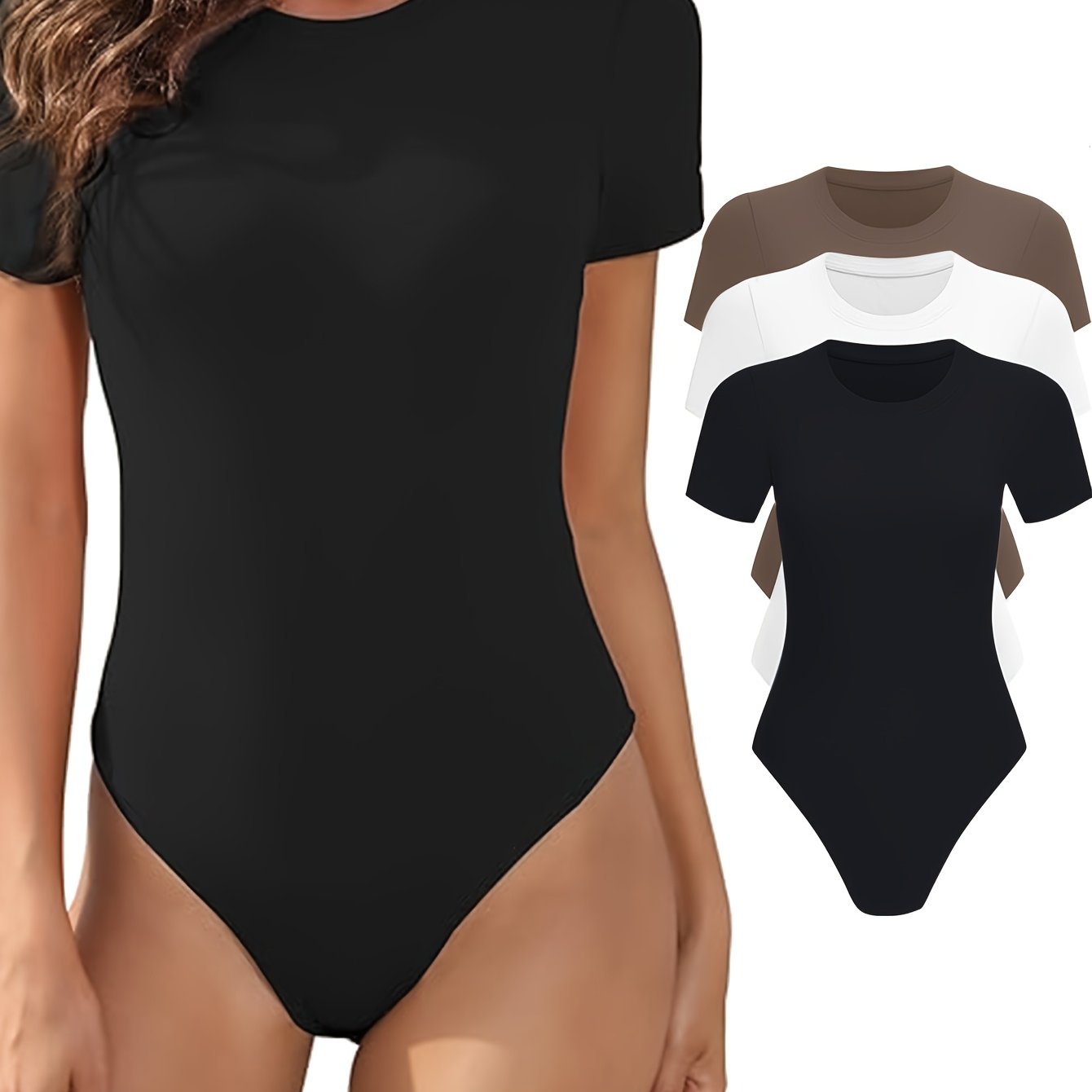 Lot de 3 bodys femme – manches courtes, col rond, coupe ajustée, basiques confortables
