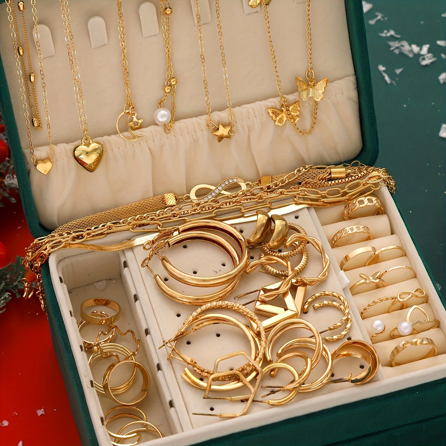 Ensemble de 58 pièces de bijoux femme, collier cœur et papillon, boucles d’oreilles, bracelet et bague avec zirconia synthétique et perles, thème Noël, élégant et polyvalent