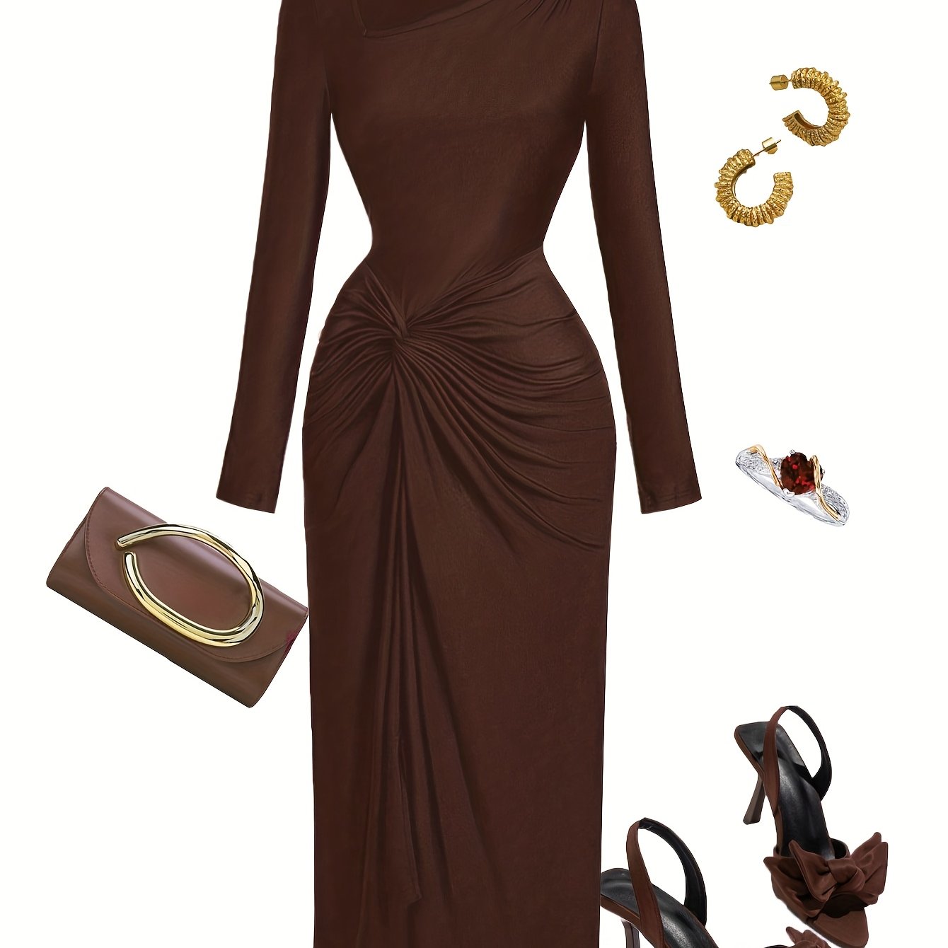 Robe Femme Élégante à Col Irrégulier — Manches Longues, Couleur Unie, Parfaite pour Soirées, Sorties et Rendez-vous