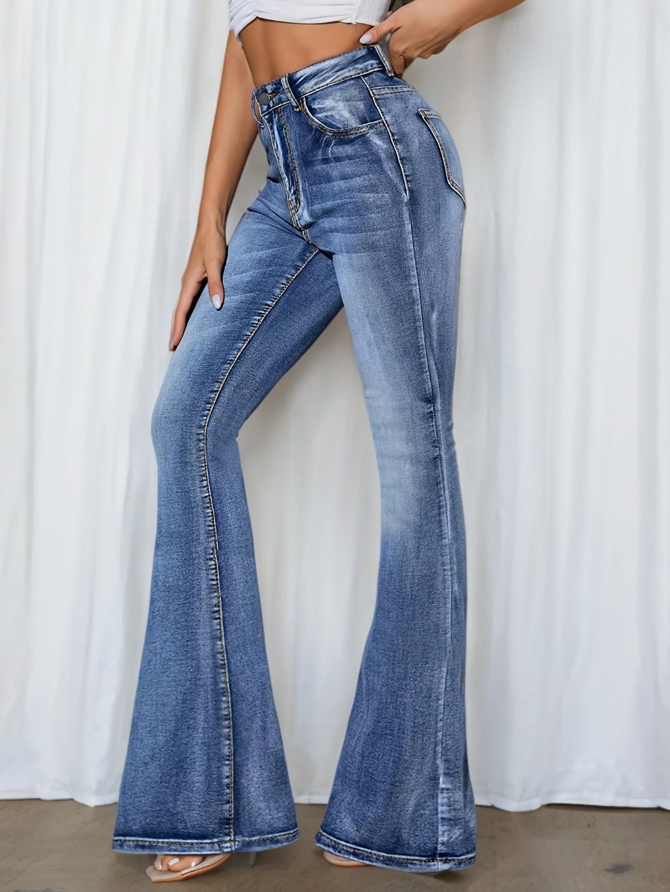 Jeans Femme Taille Haute Évasé Extensible Slim Boutons Longueur Totale Bleu Clair Effet Usé Décontracté Toute Saison Non Transparent